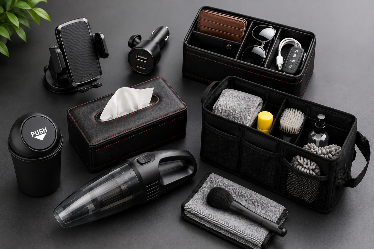 Car interior organized with practical accessories for a cleaner and more comfortable driving experience